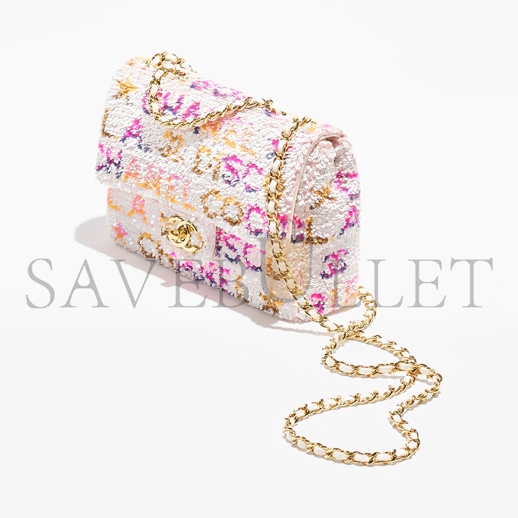 Ch*el sequin logo cc small single flap white multicolor (20*13*6cm)